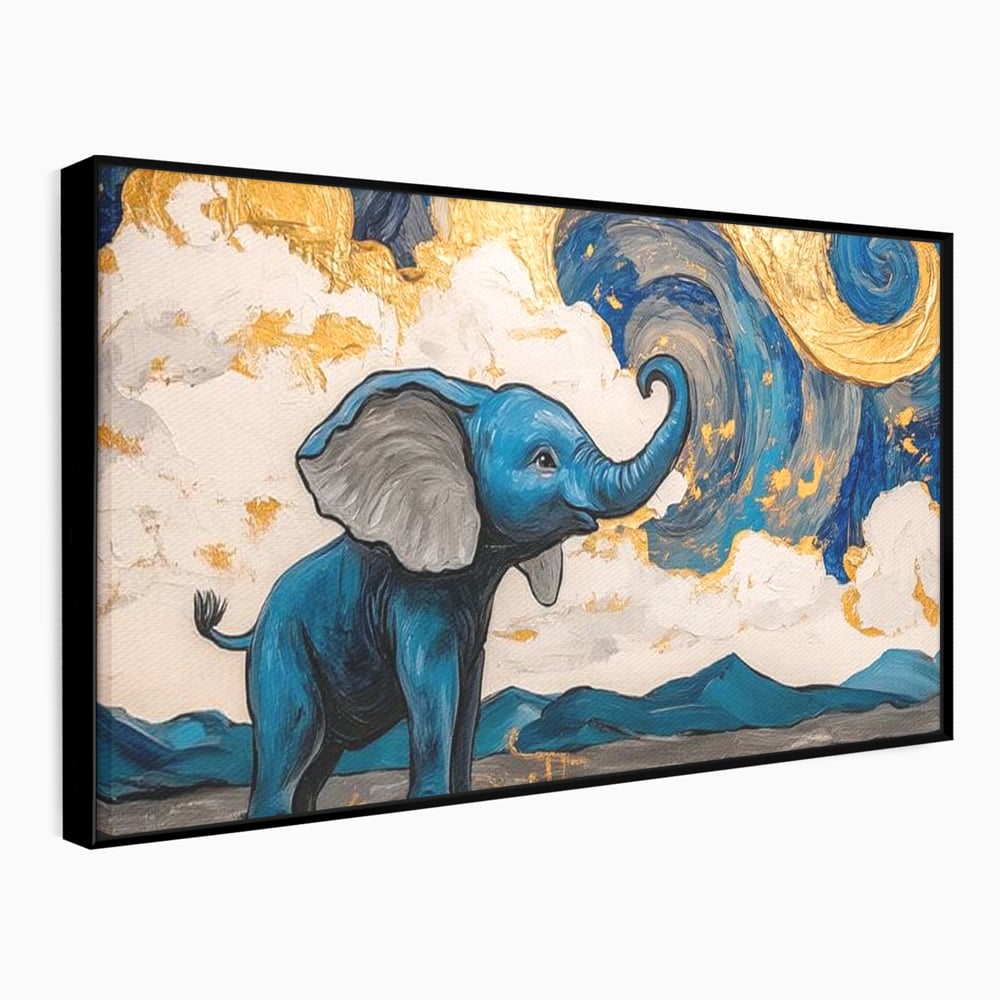 Tablou canvas cu tablou canvas cu elefant albastru, in rama de aluminiu negru